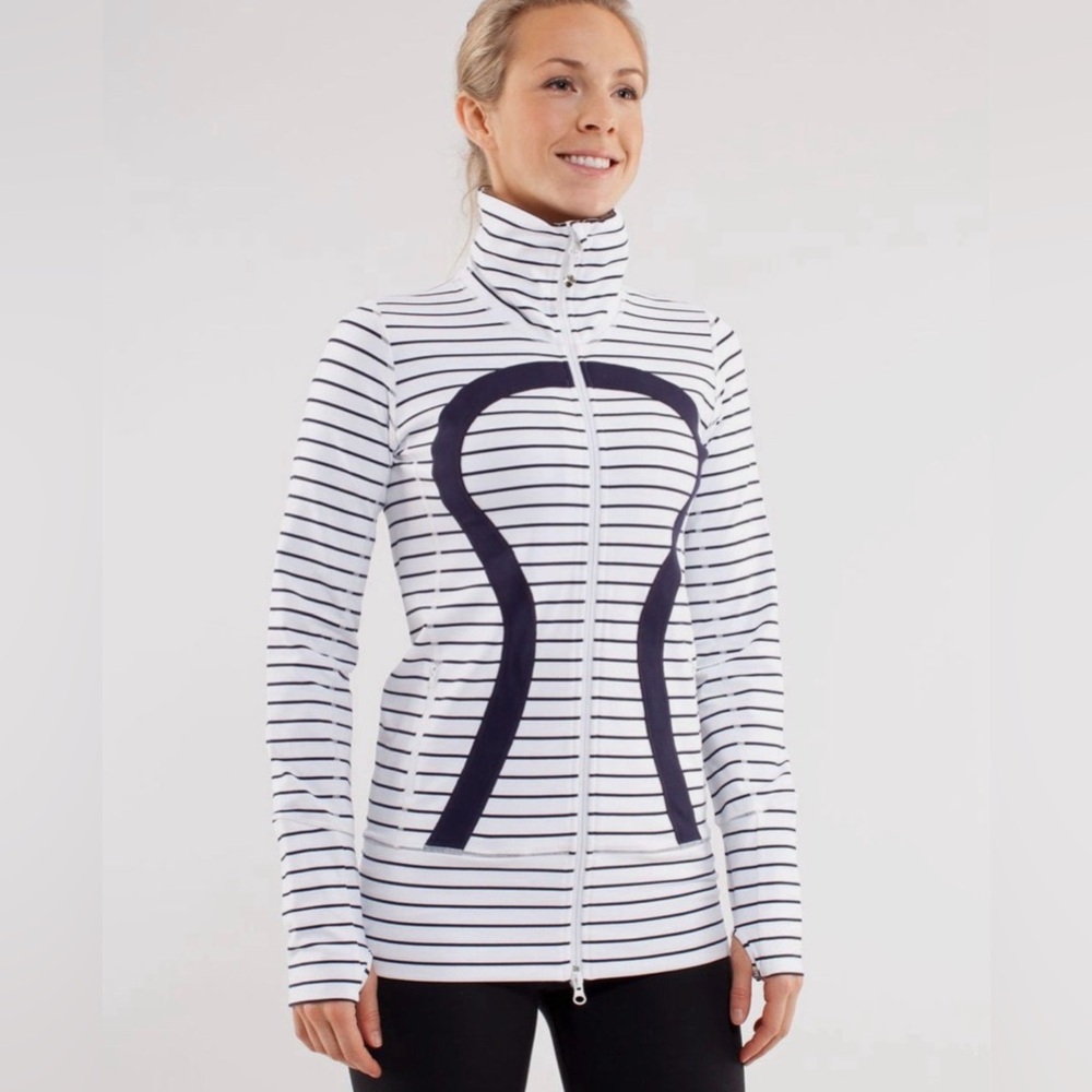 lululemon athletica White and Navy Striped Bomber Jacket